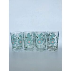 Vtg Taylor Smith & Taylor Teal Ever Yours Floral Juice Glasses Set of 4 MCM 4 oz